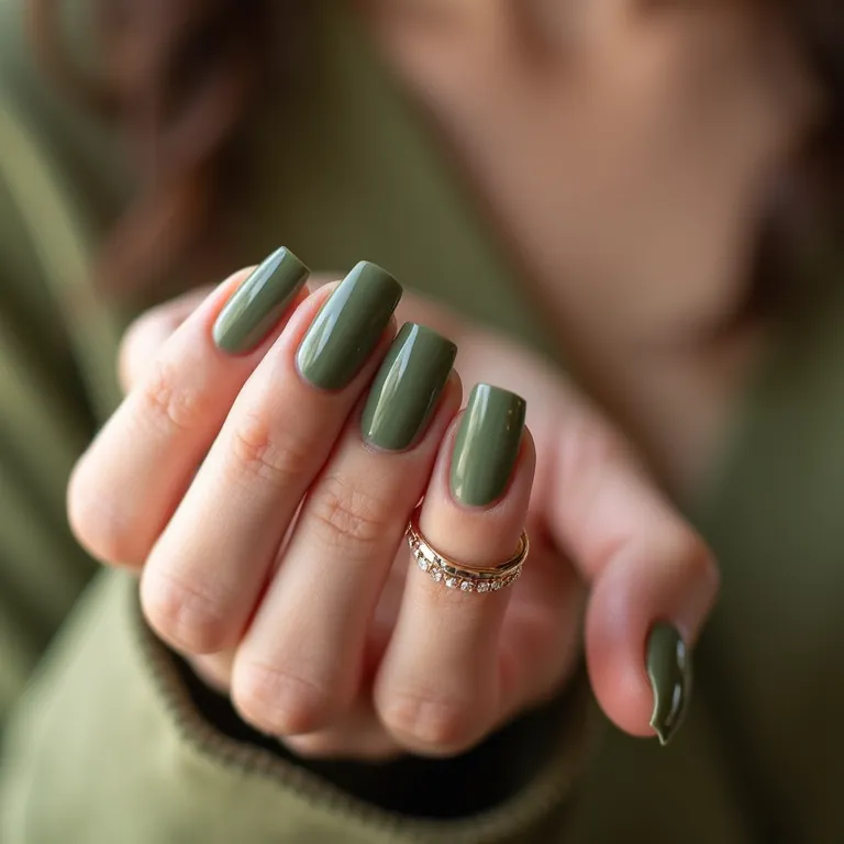 Unhas de gel verde militar com acabamento brilhante.