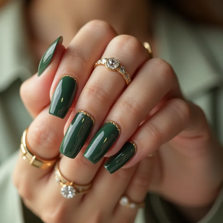 Unhas de gel verde militar com detalhes dourados.