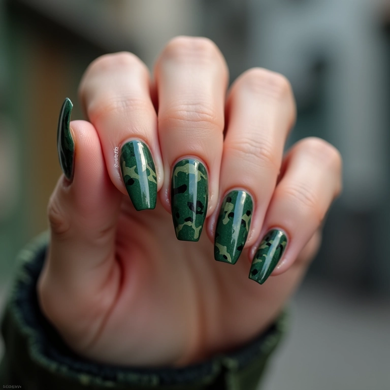 Unhas de gel verde militar com toque moderno.