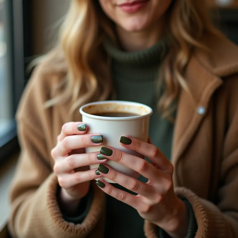 Unhas de gel verde militar em um café aconchegante.