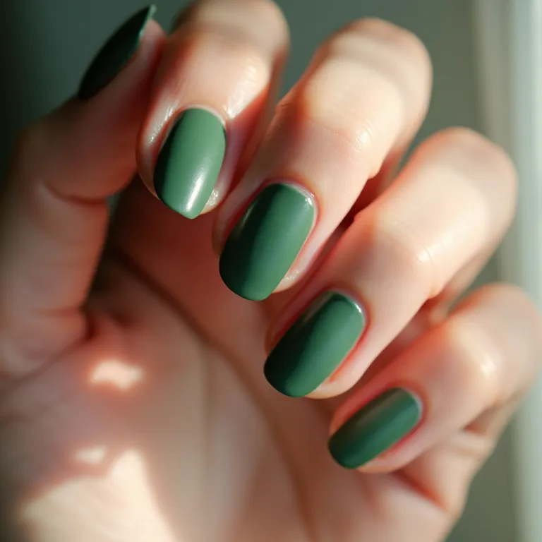Unhas de gel verde militar fosca.