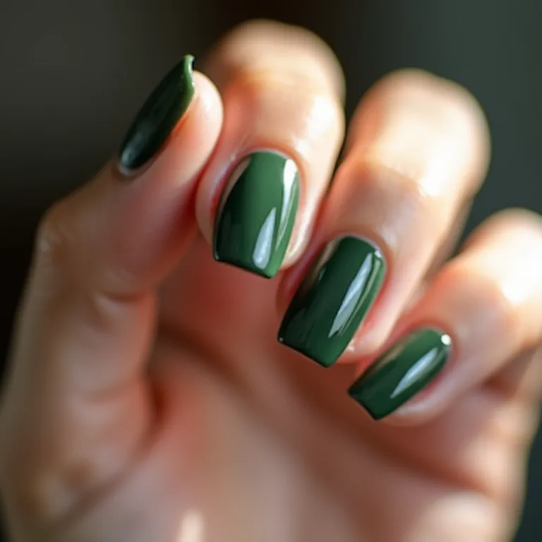 Unhas de gel verde militar liso e clássico.