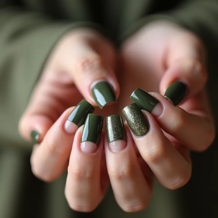 Unhas de gel verde militar personalizadas com nail art.