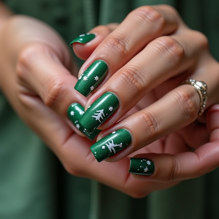 Unhas de gel verde musgo com detalhes em branco para o Natal.