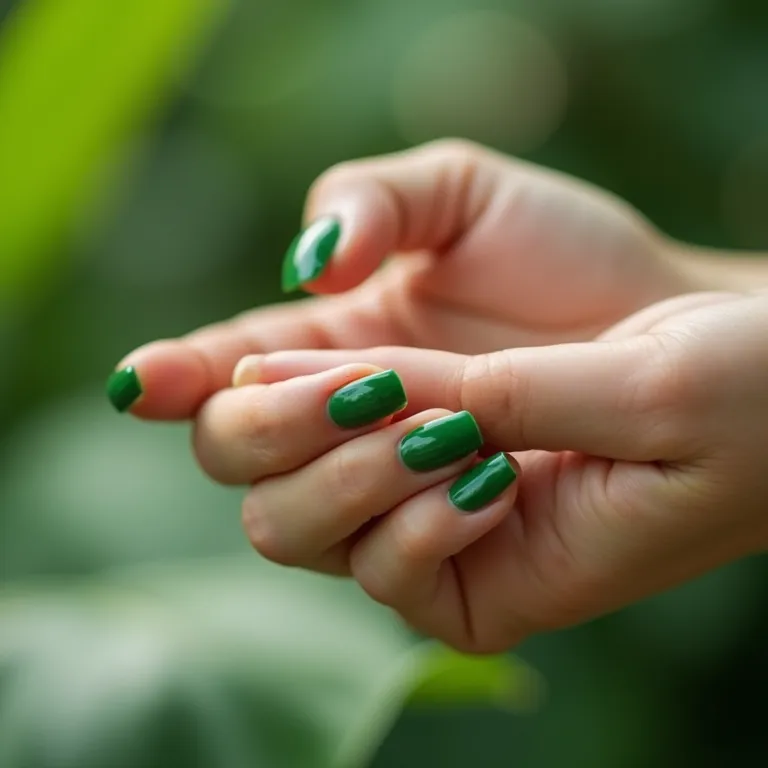 Unhas de gel verde, natureza e frescor.