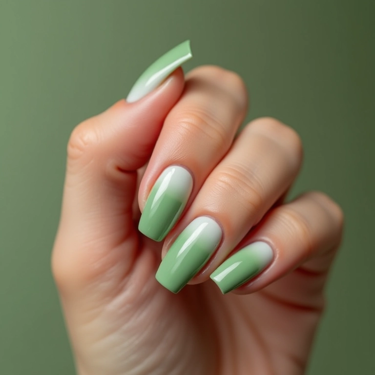 Unhas de gel verde ombré com efeito degradê.