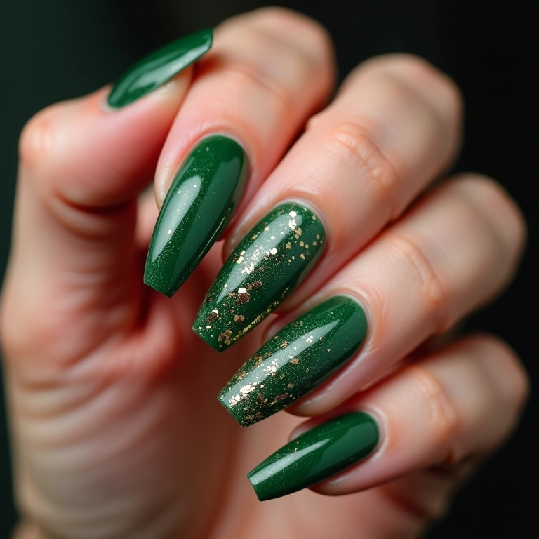 Unhas de gel verdes com glitter para o Natal.