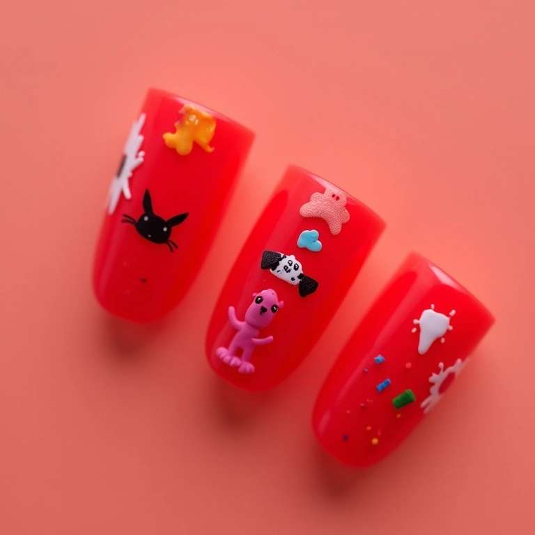 Unhas de gel vermelhas com adesivos divertidos e criativos.