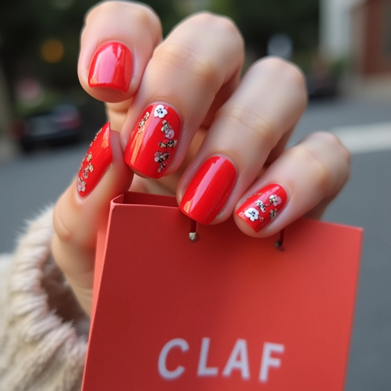 Unhas de gel vermelhas com adesivos estilosos.