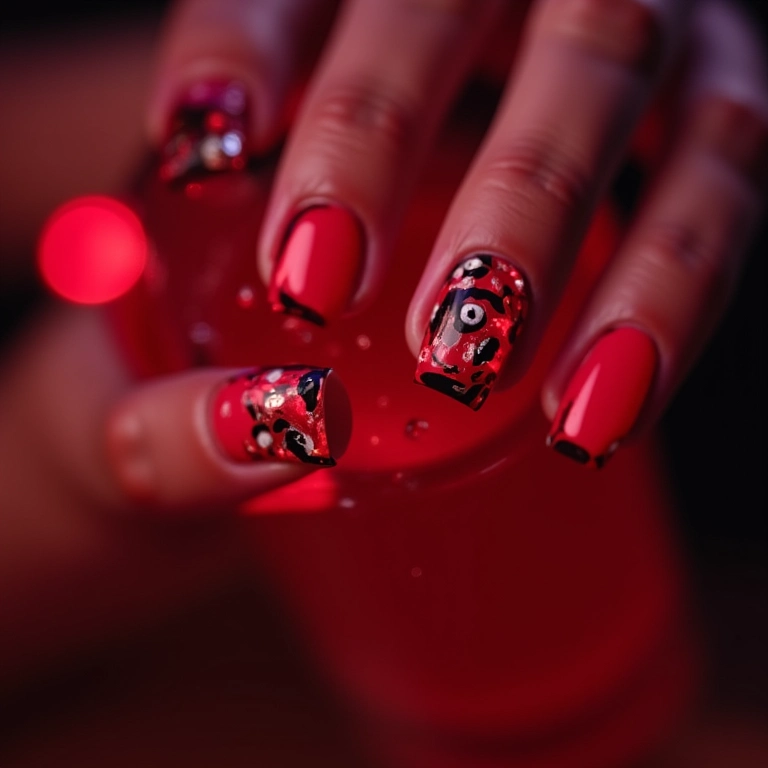 Unhas de gel vermelhas com animal print ousado.