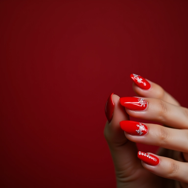 Unhas de gel vermelhas com detalhes em branco para o Natal.