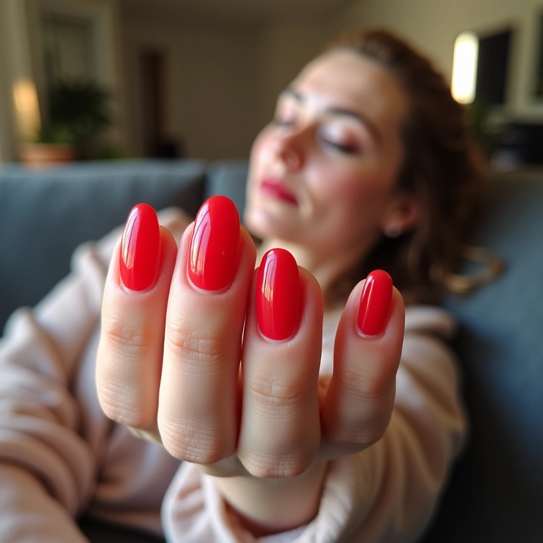 Unhas de gel vermelhas com efeito degradê moderno.