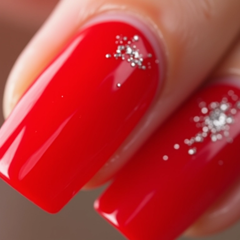Unhas de gel vermelhas com glitter prateado, detalhe delicado.