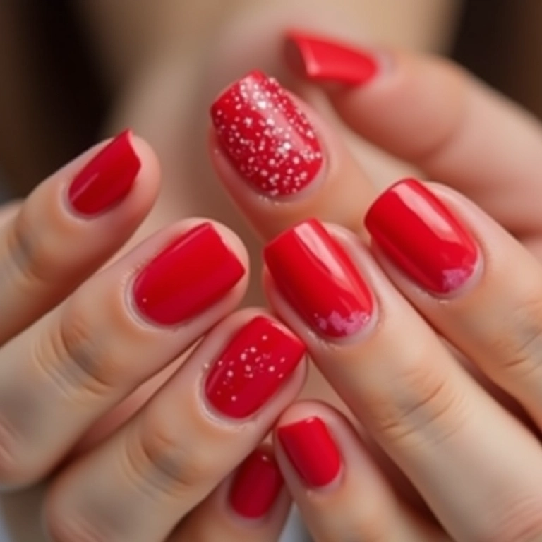 Unhas de gel vermelhas decoradas com diversos designs.