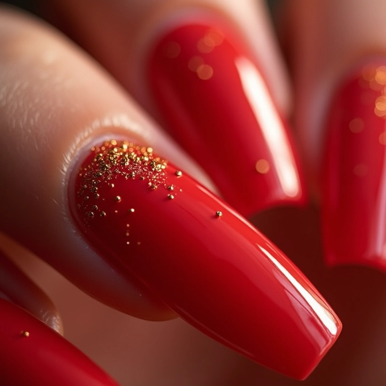 Unhas de gel vermelho clássico com glitter dourado para o Ano Novo.