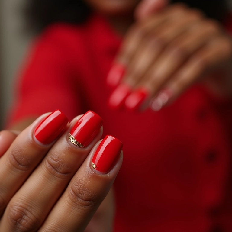 Unhas de gel vermelho clássico com glitter dourado para o Natal.