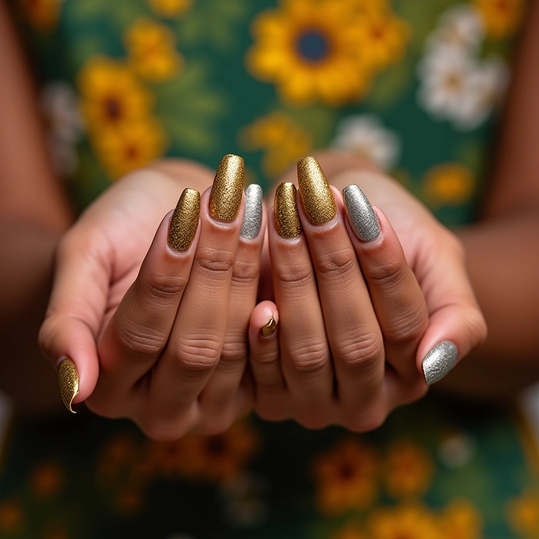 Unhas de gel vibrantes e festivas para o Ano Novo em mãos diversas.