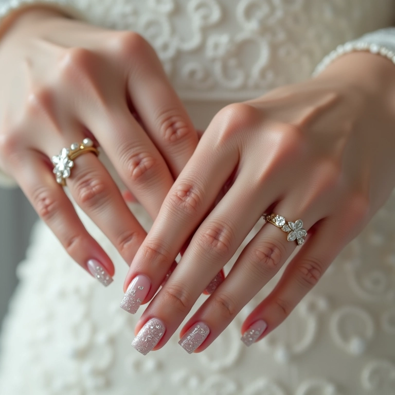 Unhas de noiva decoradas com pedrarias delicadas, realçando a beleza e sofisticação.