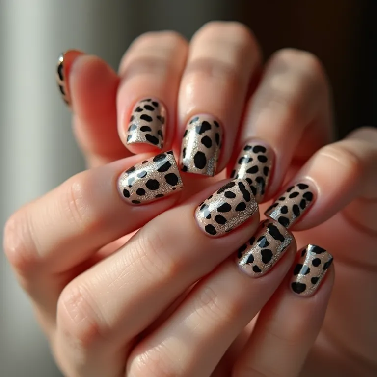 Unhas de onça com detalhes em glitter, efeito cintilante.