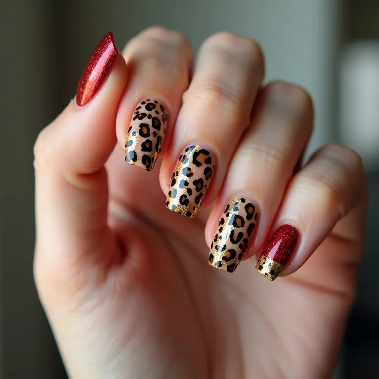 Unhas de onça com detalhes em vermelho e dourado.