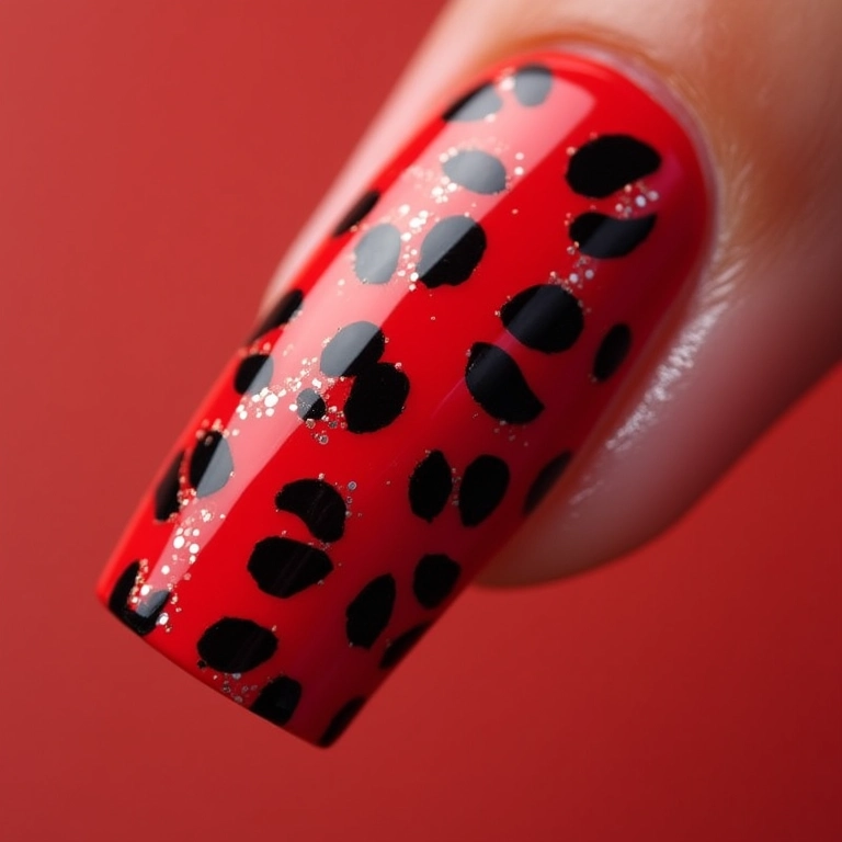 Unhas de oncinha vermelha com detalhes em glitter.
