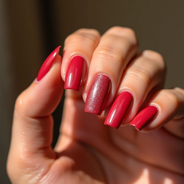 Unhas de uma cor só com brilho suave e elegante.