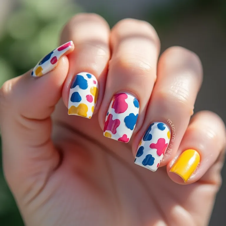 Unhas de vaca coloridas com tons vibrantes de rosa, azul e amarelo.