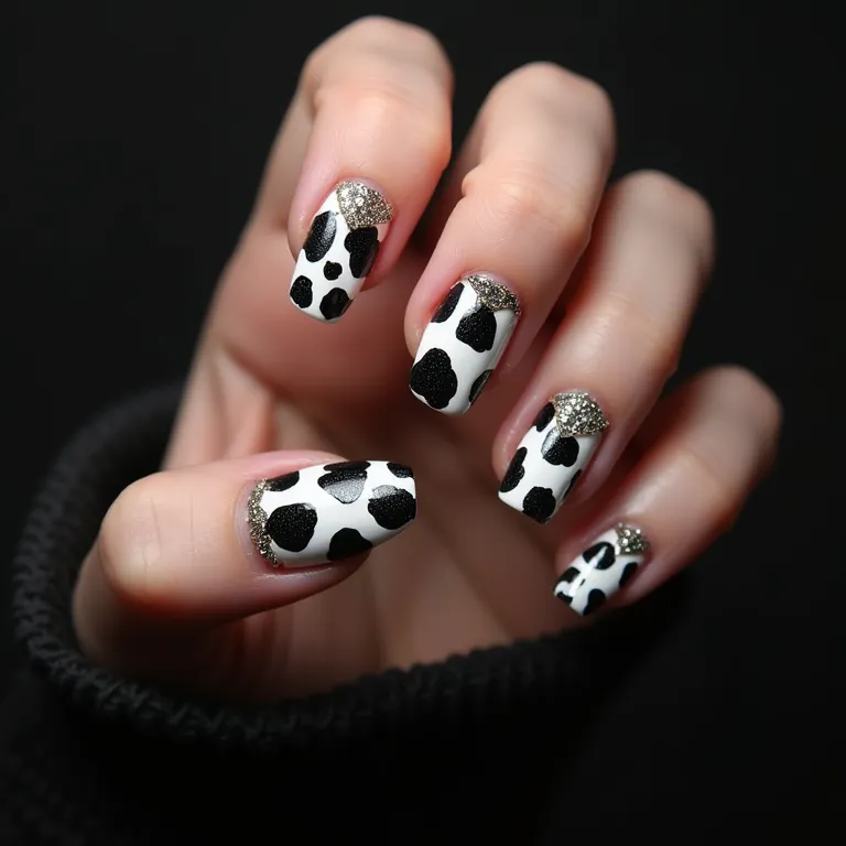 Unhas de vaca com glitter e detalhes brilhantes.