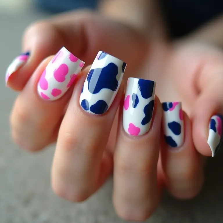 Unhas de vaca com manchas em rosa e azul.