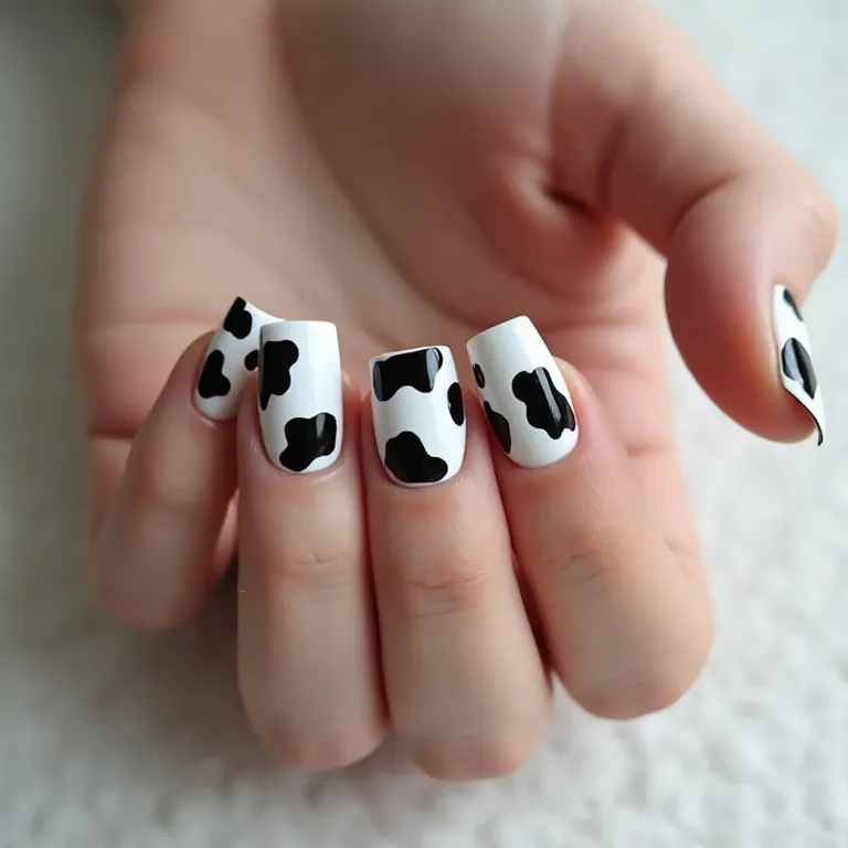 Unhas de vaca minimalistas com manchas sutis em preto e branco.