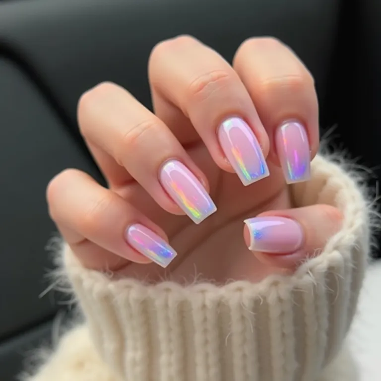 Unhas de vidro com efeito holográfico, um visual moderno e futurista.