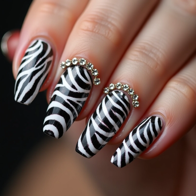 Unhas de zebra com aplicações de pedrarias brilhantes.