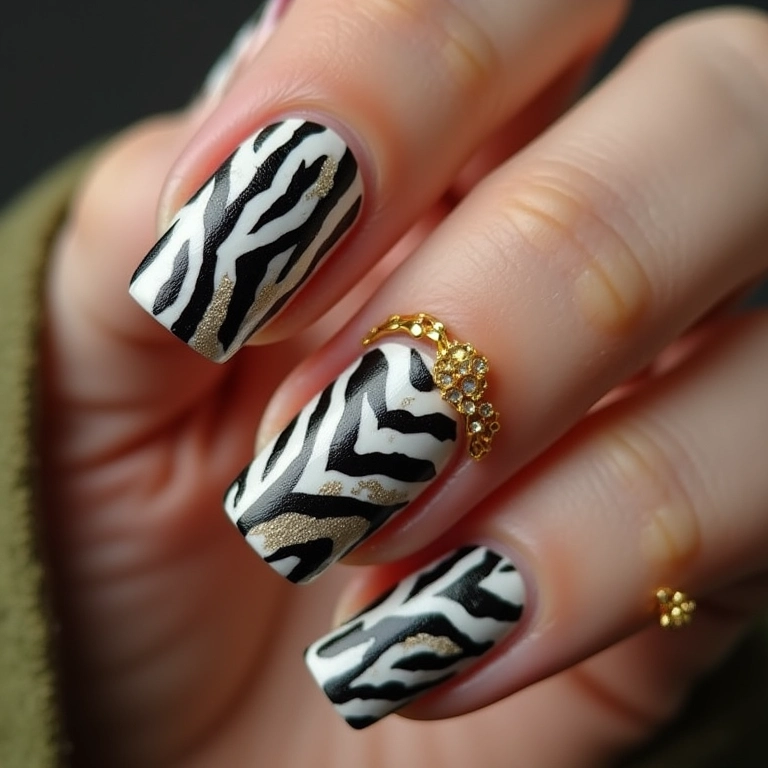 Unhas de zebra com detalhes em dourado ou prata.