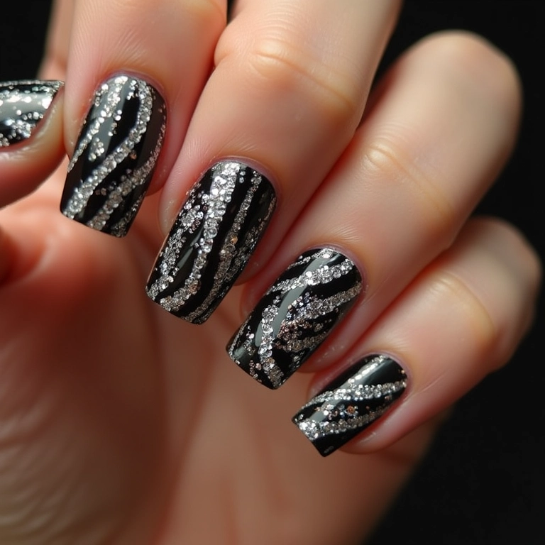 Unhas de zebra com glitter para um toque glamoroso.