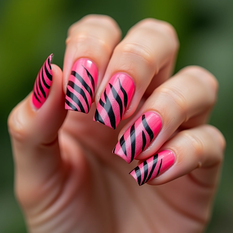 Unhas de zebra degradê com cores neon vibrantes.