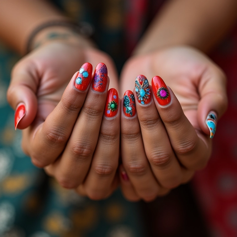Unhas decoradas à mão livre com designs diversos e vibrantes.