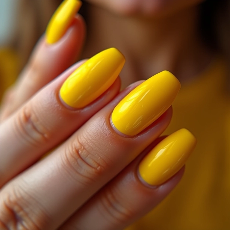 Unhas decoradas amarelas vibrantes com texturas e acabamentos modernos.