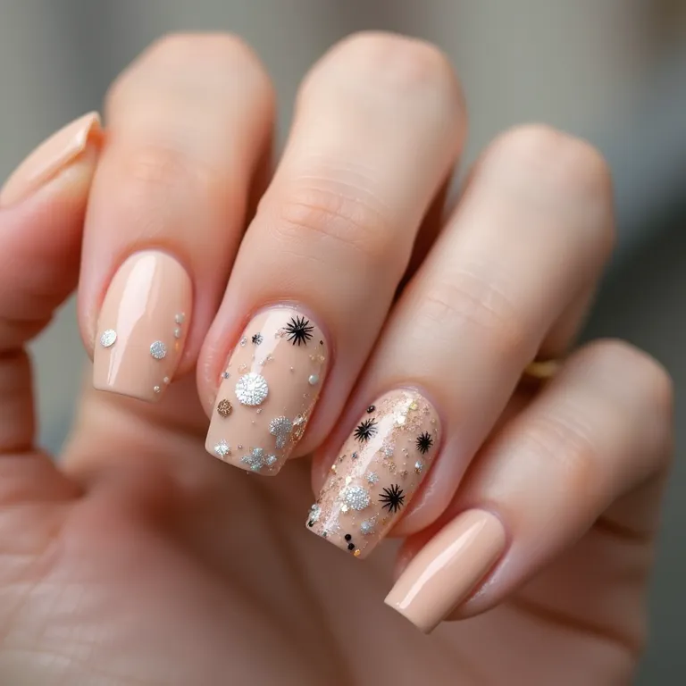 Unhas decoradas bege com adesivos: praticidade e estilo.