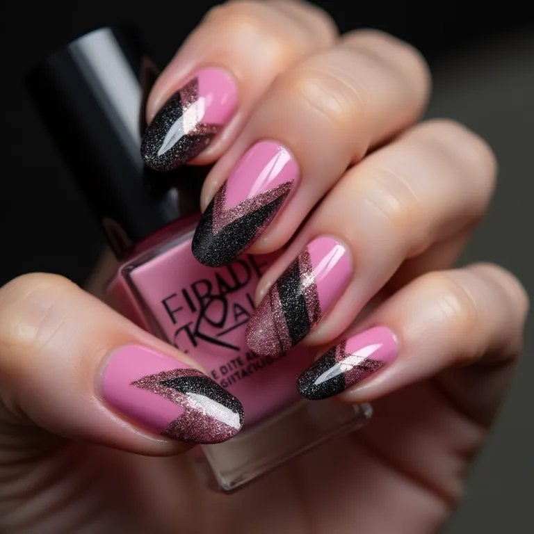 Unhas decoradas Blackpink com glitter preto e rosa e designs geométricos.
