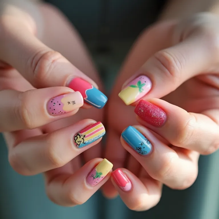Unhas decoradas BTS com cores vibrantes e simbolismo.