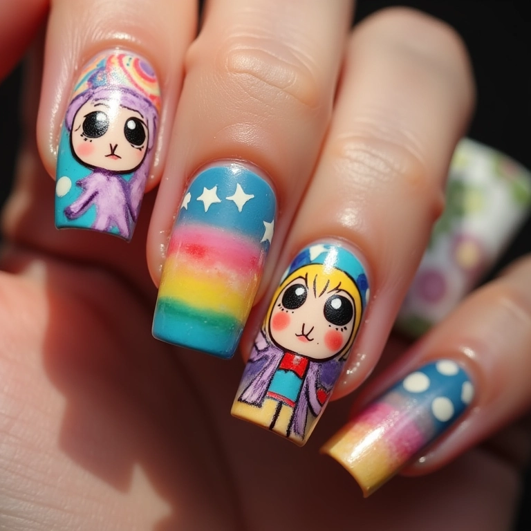 Unhas decoradas coloridas com bonequinhas.