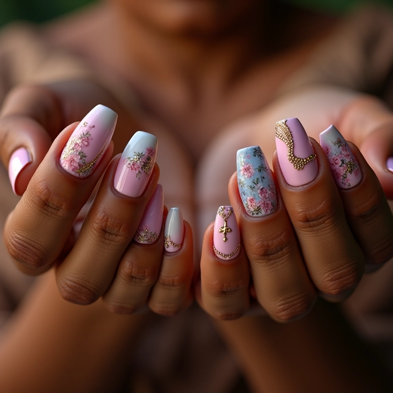 Unhas decoradas com a letra W em diferentes estilos e cores.
