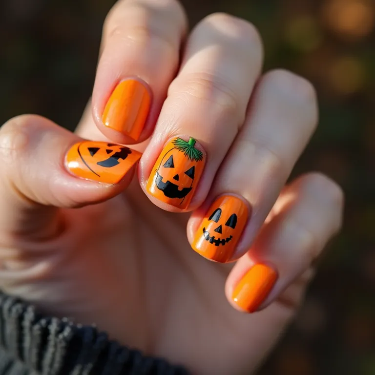 Unhas decoradas com abóboras, a cara do Halloween.