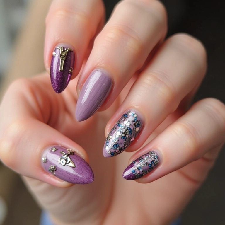 Unhas decoradas com adesivo de zíper.