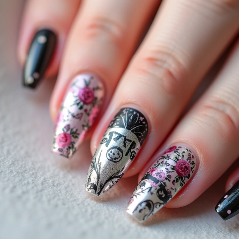 Unhas decoradas com adesivos artesanais com designs exclusivos e detalhes artísticos.