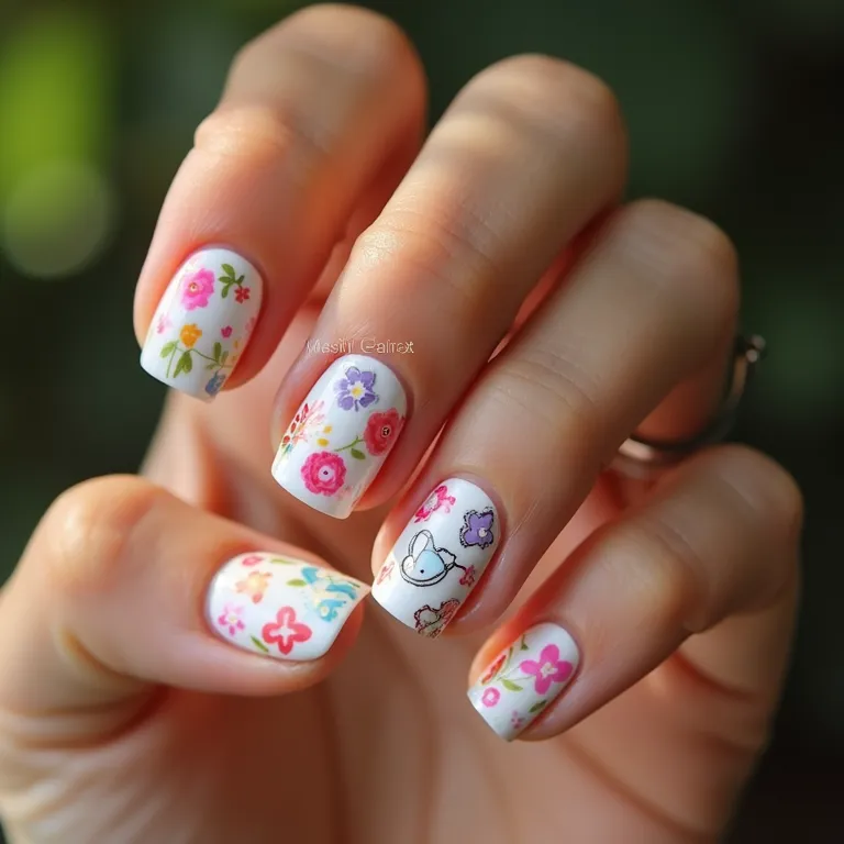 Unhas decoradas com adesivos coloridos e divertidos.