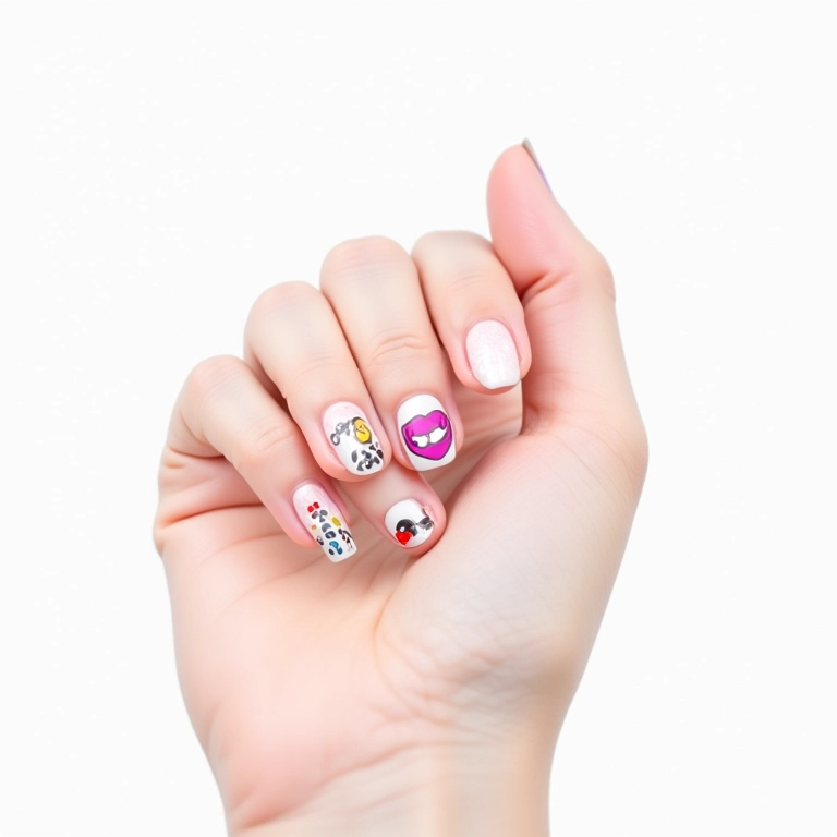 Unhas decoradas com adesivos coloridos para um toque prático e estiloso.