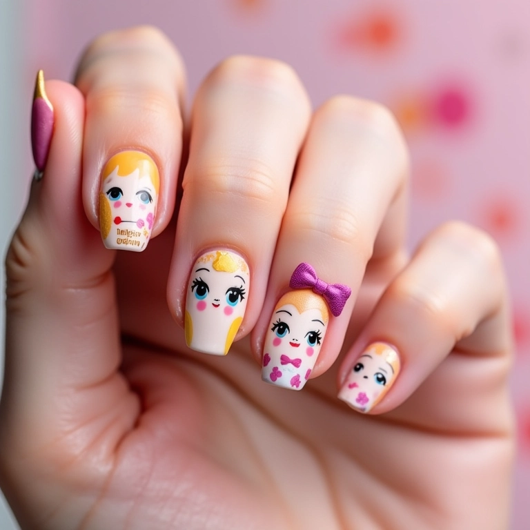 Unhas decoradas com adesivos de bonequinhas.