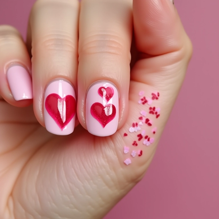 Unhas decoradas com adesivos de coração coloridos.