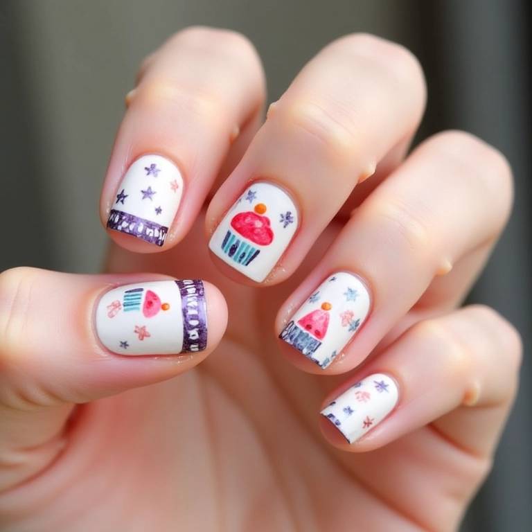 Unhas decoradas com adesivos de cupcake.